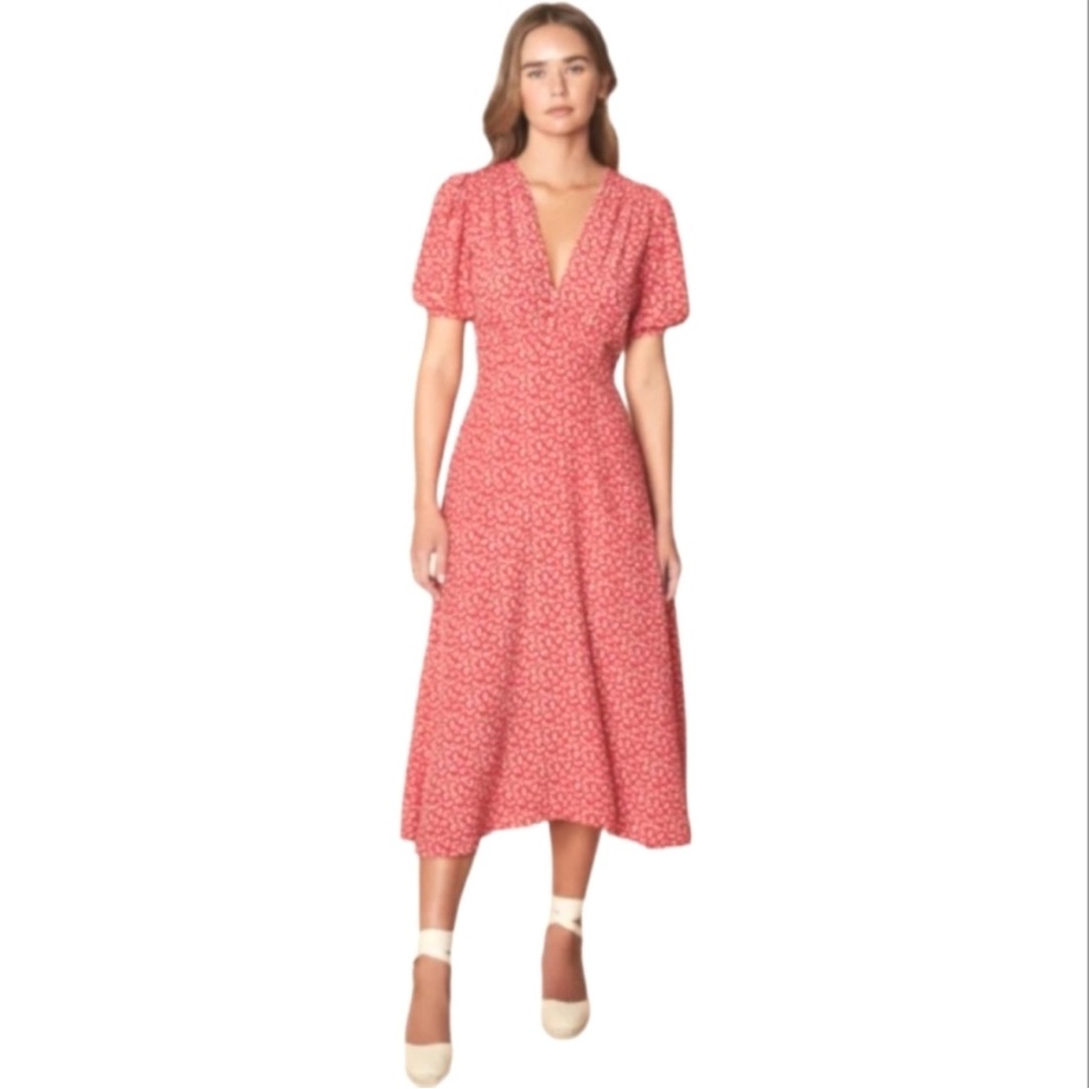 FAITHFUL THE BRAND Sonja Midi Dress Maddy Floral Print - Vintage Red,Size S/ US4